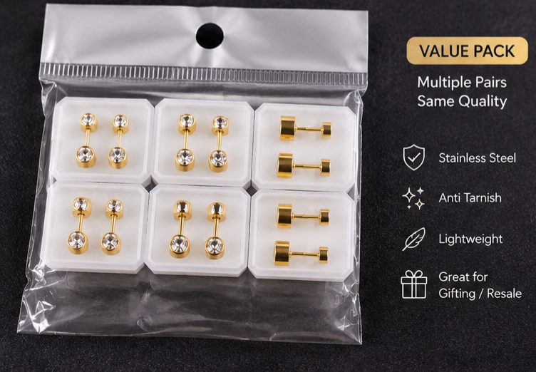 Gold Crystal Stainless Steel Barbell Earrings