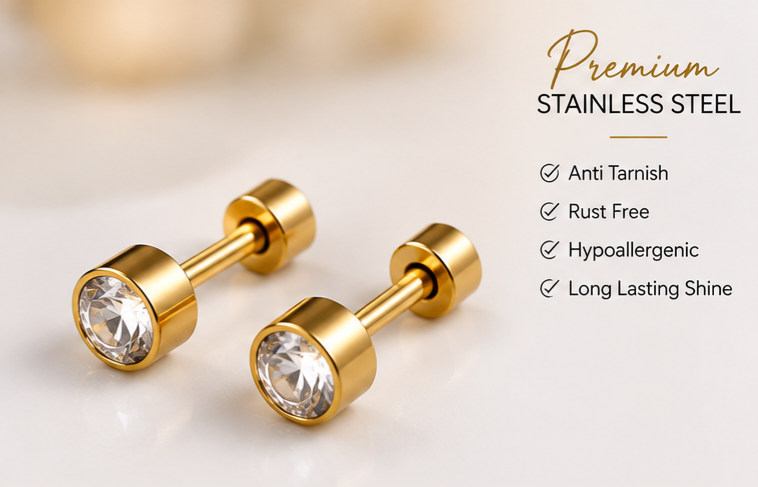 Gold Crystal Stainless Steel Barbell Earrings