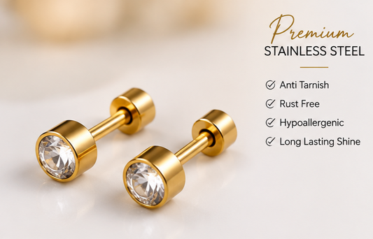 Gold Crystal Stainless Steel Barbell Earrings