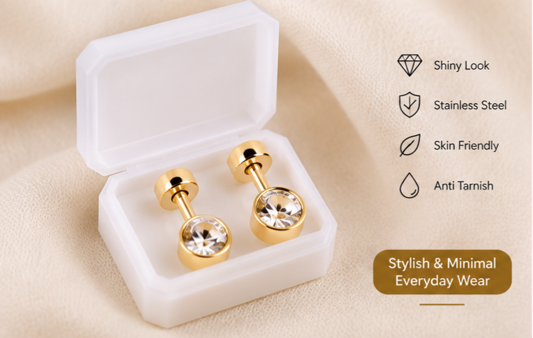 Gold Crystal Stainless Steel Barbell Earrings
