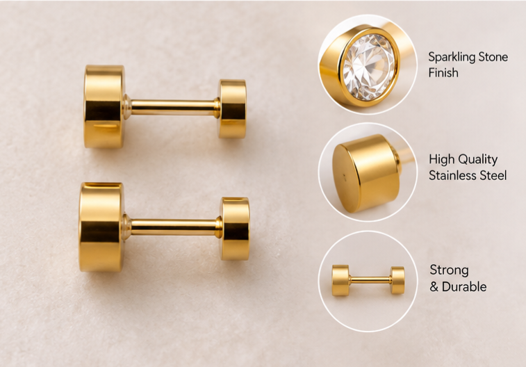 Gold Crystal Stainless Steel Barbell Earrings
